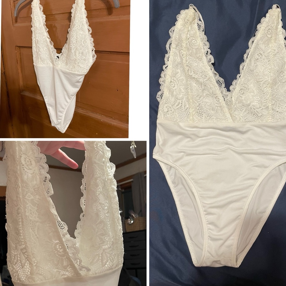 NWT Zanzea Criss Cross Lace Plunge V-Neck White Bodysuit